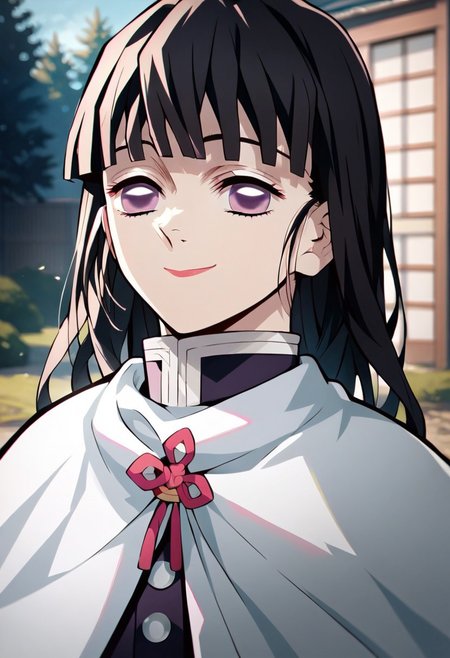 score_9,score_8_up,score_7_up,source_anime, tsuyuri kanao,1girl,solo,long hair,looking at viewer,smile,closed mouth,outdoors,cape,portrait,white cape,demon slayer uniform,