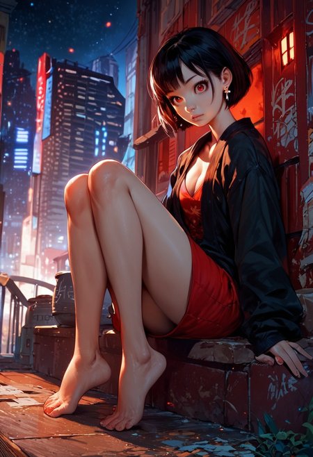 zPDXL2, score_9, score_8_up, score_7_up, source_anime, pale skin, asian, cute,  1girl, solo, pale skin, cute, red eyes, black hair, short hair, bangs, cleavage, earrings, legs, feet, mid drift, city, night, stars, sitting, legs, sexy legs,