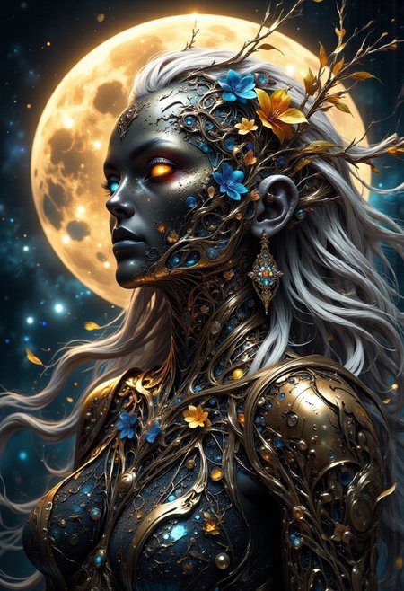 Against the background of a huge full moon, with thousands of stars, a huge comet tail. A golden woman with skin made up of thin, textured gold leaves, with chrome and gold flowers intricately woven into her hair, with eyes shining with warm blue light, pupils like the universe, in a majestic, elegant dress with torn metal petals fluttering in the wind, reminiscent of a dark, dystopian world, her face and shoulders illuminated with a soft diffused light, as if radiating otherworldly energy, in the styles of Royo's gloomy mystical realism, the overdetalized metallic luster of Artgerm and the eerie atmospheric tension of Lovecraft, with careful attention to complex textures, dramatic shades and a sense of mesmerizing, unearthly beauty, wavy long white hair cascading smoothly, fire invites her body. His face is partially covered by a surreal silver mask, the surface of which shimmers with a layer of sparkling lights, creating a futuristic and mysterious atmosphere. Elegant chrome chains hang elegantly from his ears, emphasizing the grace of his movements and reflecting the light. The massive metal collar hugs the neck, emphasizing the elegant avant-garde aesthetic, the soft texture of which contrasts with the hard glossy elements of its accessories.