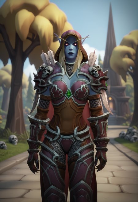 score_9, score_8_up, score_7_up,cinematic light,3d,masterpiece, high quality, highres,
uncensored,intricate details,
mature female,
sylvanas, elf, armor, blue skin, colored skin, 1girl, blonde hair, solo, hood, pointy ears, shoulder armor, red eyes, pauldrons, glowing eyes, glowing, skull, long hair, quiver, breasts, gauntlets,cape, undead,feathers,
standing, looking at viewer, 
cowboy shot, 
sidelighting, 
perfect anatomy, world of warcraft, contrast,
scenery, outdoors, forest, pine tree, 
Detailed Background,fantasy,
<lora:fugtrup-guy-PONYv2:0.8> <lora:Sylvanas_Windrunner_by_Nyx:0.9>