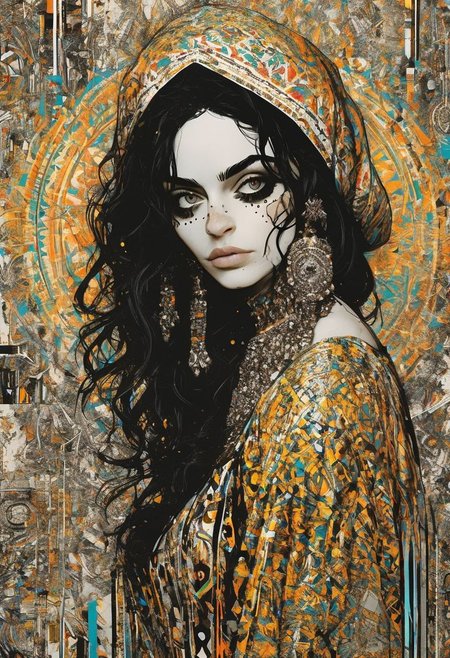 Persian Girl, textless poster,Jim Mahfood,Enki Bilal,  hyper detailed, high contrast, Expressive Ink Dynamics, Glitchpunk,Anthony Burrill,Christopher Wool, one color background,<lora:Sinozick:1> <lora:add-detail-xl:0.5> <lora:xray:0.5> <lora:MJ52:0.5> <lora:sdxl_photorealistic_slider_v1:2>