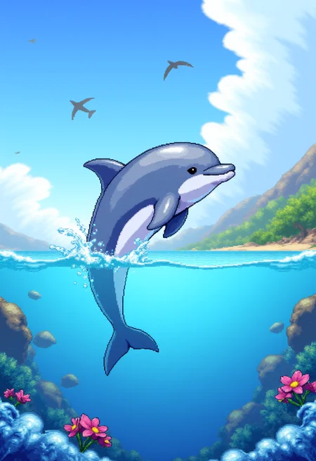 <lora:KFT_2d_Pixel_Style_FLUX-000017:1>
The image is a vibrant kftpxl pixel art illustration featuring    a dolphin in the ocean