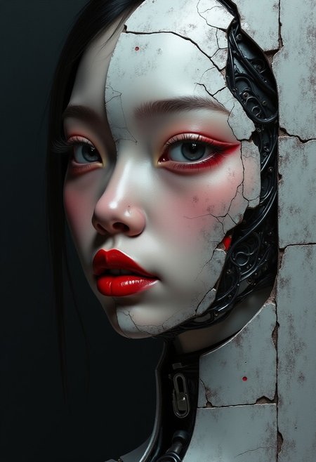 stoneplay69 style painting biomechanical cyberpunk A captivating minimalist, a shy and alluring asian thai woman. The left half of her face is visible, with her delicate features seamlessly merging into a concrete wall of gray. Her soft, bright red lips contrast against the monochromatic background, drawing the viewer's attention. Her eyes hold a subtle, mysterious expression that exudes both haunting and enchanting vibes. The simplicity of the composition, with its stark contrast, evokes a sense of ethereal beauty. by Sasan. black background. . cybernetics, human-machine fusion, dystopian, organic meets artificial, red, intricate, highly detailed