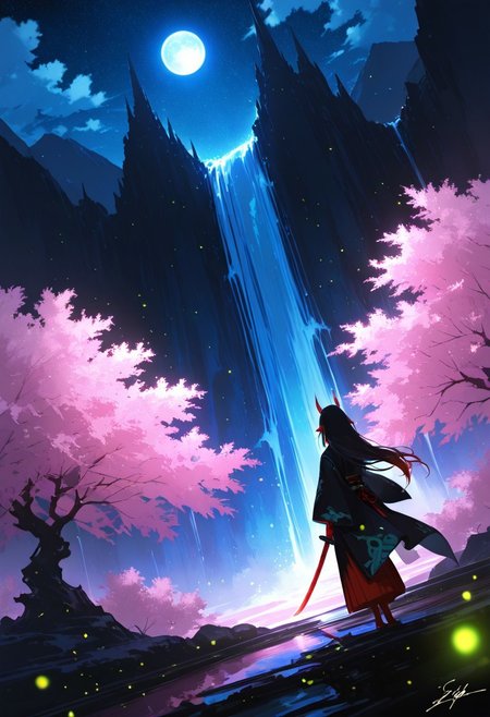 simple background, signature, wide sleeves, black background, ,4ki4k4ne_illu, XUER guangying, 
BREAK 
(sexy, slutty, hot, aroused), HDR, high contrast , masterpiece, best quality, very aesthetic, high resolution, ultra-detailed, absurdres,volumetric lighting, dramatic shadows, cinematic lighting, newest,illustration, perfect composition,perspective,incredibly absurdres,cute, nsfw, raytracing,soft lightin, highly detailed,Dutch angle,
BREAK
Aka-Oni, oni, colored skin, (red skin:1.3), smooth horns, black horns, long hair, floating hair,
BREAK
black haori, overcoat, japanese clothes, cherry blossoms, mountains, meadows, scenery, blue skies, clouds, summer, bosstyle, fantasy, night, starry sky, light particles, fireflies, moon, waterfall, facing away, holding sword, planted sword, katana, hands on sword,cinematic, epic, official art, bloom,