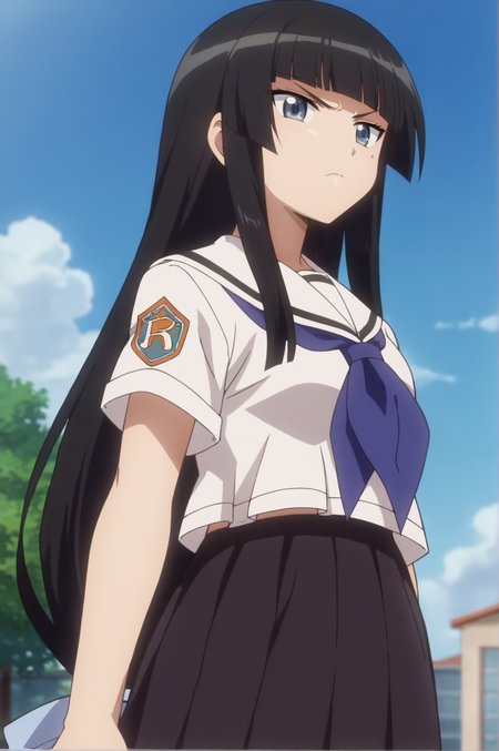 score_9, score_8_up, score_7_up,anime_source, source_anime, best background, detailed background, anime screencap,  Shiraume, 1girl, black skirt, blunt bangs, school uniform, serafuku, skirt, tsundere, seductive body, hair ribbon,  <lora:JN_Ume_Shiraume:0.8>