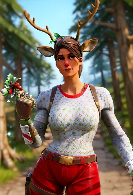 IllustriousQual <lora:StS-Illustrious-Detail-Slider-v1.0:2> <lora:cfg_scale_boost:0.3> detailed_background, mushroom forest  <lora:Red-Nosed_Raider_IL_-_v1:1> RedNosedRaiderIL, brown hair, brown eyes, antlers, reindeer ears, reindeer-themed, holiday outfit, headband, mistletoe, brown gloves, fingerless gloves, combat boots, white sweater, red pants, christmas sweater, patchwork pants, brown boots, belt, shin guards, Dancing with one hand above the head, dutch angle, frown