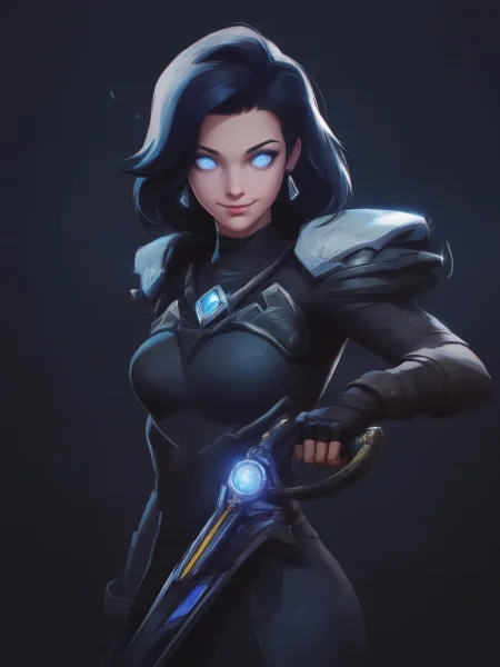 1girl, standing, looking at viewer, masterpiece, best quality, high score, 
 <lora:Marvel_Rivals_Concept_Art_Style:1>,looking at viewer, holding weapon, glowing eyes, fingerless gloves, closed mouth, smile, medium breasts, black gloves, short hair, jewelry, blue eyes, long hair, shoulder armor,