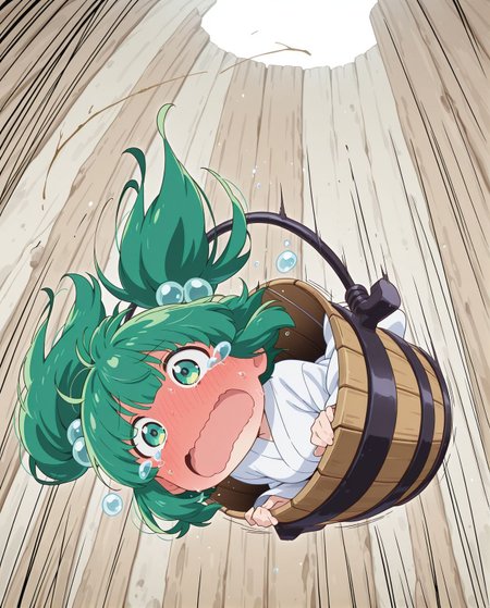 absurdres, highres, masterpiece, best quality, amazing quality, official anime artwork, screencap, anime screencap, outdoors, wall, falling, scared, open motuh, full-face blush, wavy mouth, tears, 
<lora:Kisume_Illustrious:1> kisume, 1girl, solo, green eyes, green hair, short hair, short twintails,, hair bobbles, white kimono, long sleeves, wooden bucket, in bucket,
