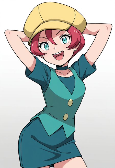masterpiece, best quality, 1girl, solo, eyelashes, (beautiful eyes),    zzGeorgia, aqua eyes, pink hair, hair between eyes, short hair,  smile, open mouth, skirt, shirt, hat, green eyes, collarbone, short sleeves, :d, red hair, teeth, choker, tongue, vest, arms up, looking at viewer, buttons, upper teeth only, black choker, arms behind head, green shirt, green vest, yellow headwear ,   ,<lora:GeorgiaPokemon_IXL_v3:1.0>,