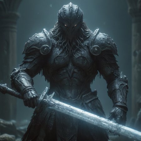 cinematic film still <lora:HKStyle:0.7> HKStyle, monster, holding sword infront of him, wearing dark armor, masked, <lora:woodfigurez:0.6> woodfigurez, style, octopus, tentacles, glowing eyes, (spikes), <lora:Roboticizer:0.6> Roboticizer, made with metal parts, armor, dynamic pose, attack stance, underwater coral castle background,, shallow depth of field, vignette, highly detailed, high budget Hollywood film, bokeh, cinemascope, moody, epic, gorgeous, film grain