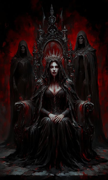 dark, gothic-style digital painting depicting a sinister scene. The central figure is a woman seated on an ornate, dark throne with an arched, red velvet backrest. She is dressed in a long, black, hooded cloak that drapes over her shoulders and down to the floor, revealing a black, form-fitting dress with a high collar. Her face is pale and expressionless, with stark white makeup accentuating her dark eyes and lips. A crown of twisted, sharp metal spikes sits atop her head, adding to the menacing atmosphere. Her hands are clasped in her lap, and there is a dark, viscous substance dripping from her mouth, suggesting blood or some other sinister fluid.
To the left of the throne, another hooded figure stands, partially obscured, casting a long shadow. This figure also wears dark, form-fitting clothing and appears to be looking towards the central figure with a sinister expression. The background is a deep, dark red, enhancing the ominous and foreboding tone of the image. The throne and surrounding area are adorned with intricate, gothic patterns and textures, adding to the overall dark and macabre aesthetic. The image is rich in detail and texture, with a high level of contrast between light, aidmaimageupgrader, aidmamj6.1,