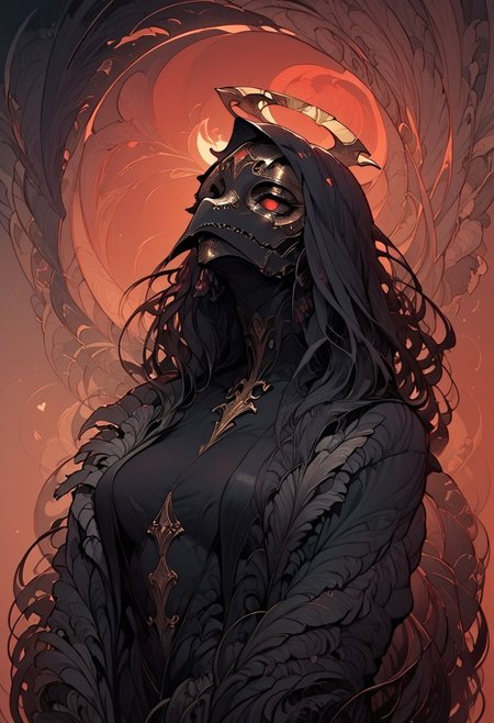 zPDXL3 , Expressiveh , score_9 , score_8 , score_7 , score_6_up , highly detailed , high quality , high res , skindentation , Art Noveau , Noveau ,
solo ,female , plague doctor, mask , dark halo , feathered wing , black feather , feather coat , voluptuous , dress , 
(blood eclipse , red sky ,background) ,