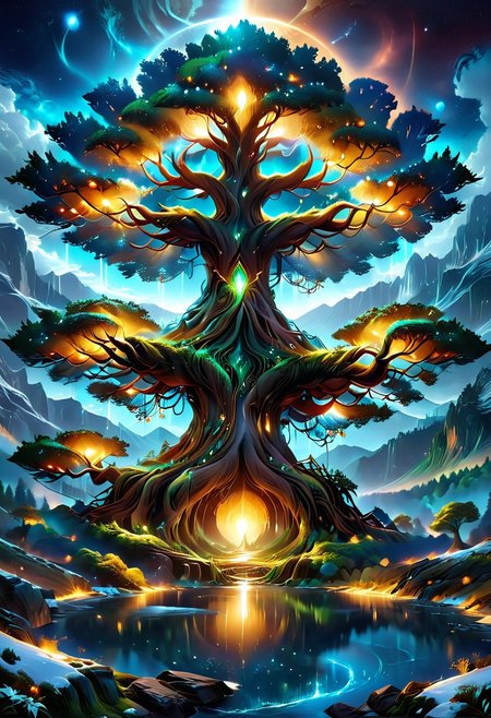 A captivating night scene illustration Yggdrasil tall on a large snowy mountain overlooking a lake. lthndrtrl, Yggdrasil, emits a warm glow, highlighting its incredible magic and grandness. The snowy  hill is covered in great pine trees, reflecting on the calm, moonlit snow  that mirrors the silvery moonlight. The full moon graces the sky, casting an ethereal glow on the clouds and mountain, while wispy clouds partially obscure its brilliance, adding to the scene's mystique. Twinkling stars dot the sky, creating a celestial tapestry that harmonizes with the moon's radiance. This enchanting artwork captures a serene and peaceful night, where the illuminated Yggdrasil stands resolute amidst the celestial beauty, creating a cinematic experience., illustration, cinematic, lthndrtrl, Yggdrasil
<lora:DonM3t3rn1tyXL-v1.1:0.7>, DonM3t3rn1tyXL,
OverallDetailXL  <lora:MJ52:0.3>  <lora:SDXLFaeTastic2400:0.4>  <lora:EpicF4nta5yXL:0.7>