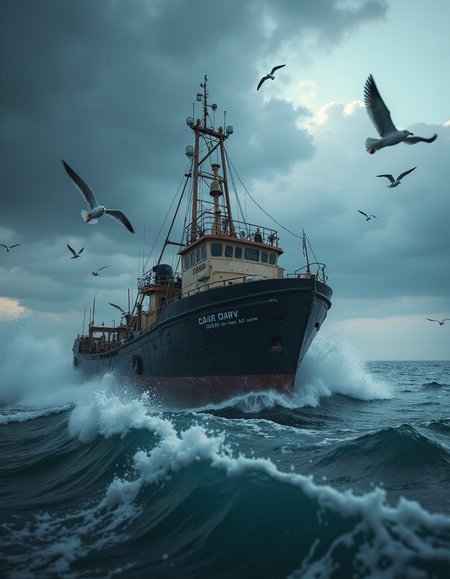 Low key, masterpiece, ultimate detailed, tiny finnest details,
Ultra high definition of a small fishing industrial boat at sea, (without masts:2.9), (no rigging:2),  (a group of seagulls flying around the boat:1.2), heavy rain,  (stormy weather:1.6), (tempest:1.4), very high waves, rough waves, cinematic texture, Leica lens, 8K, 
 <lora:Flux1-impossible_geometry_V1.0:0.4> <lora:flux.1_lora_flyway_Epic-detail_v2:0.7> . <lora:Dieselcore:0.3> d1eselc0re , dynamic, action pose, (dutch angle:1.5) from below, wide lens, low camera angle actions scene, foreshortening, (dutch angle:2), from below, low camera angle actions scene, foreshortening,, dark ambiance, low lighting, chiaro oscuro