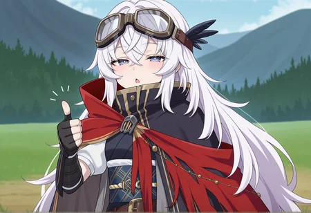 anime screenshot, anime screencap, anime coloring, 1girl, japanese clothes, white short sleeves, obi, belt, gauntlets, fingerless gloves, goggles on head, cape, cloak, upper body, half-closed eyes, chestnut mouth, thumbs up, outdoors, looking at viewer,  <lora:saika_magoichi:1>, masterpiece, best quality, amazing quality, very aesthetic, absurdres, highres, newest