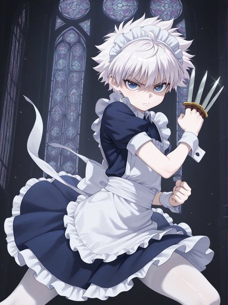 masterpiece, best quality, amazing quality, 1boy, solo,  <lora:IlluKillua:1> illukillua, white hair, blue eyes, maid headdress, maid, maid apron, white pantyhose, frills, puffy short sleeves, annoyed, short dress, wrist cuffs, knifes between fingers, dynamic pose, stained glass, dark background, knife, wind lift, looking at viewer,