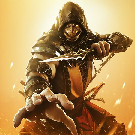 Mortal Kombat Style, solo, looking at viewer, 1boy, holding, weapon, male focus, sword, hood, holding weapon, armor, mask, glowing, knife, sheath BREAK ,score_9, score_8_up, score_7_up, score_6_up, score_5_up, score_4_up,