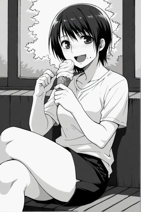 score_9, score_8_up, score_7_up, monochrome, manga_source, best background, detailed background, manga, grayscale  Haruka, blush, smile, open mouth, shirt, sitting, crossed legs, eating ice cream,  <lora:JN_Haruka:0.8>