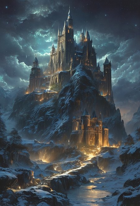 A captivating night scene illustration featuring a grand Norse castle standing tall on a rocky and snowy mountain. The castle, adorned with some windows, emits a warm glow, highlighting its incredible craftsmanship. The snowy mountain is covered in great pine trees, reflecting on the calm, moonlit snow  that mirrors the silvery moonlight. The full moon graces the sky, casting an ethereal glow on the clouds and mountain, while wispy clouds partially obscure its brilliance, adding to the scene's mystique. Twinkling stars dot the sky, the northern lights shine brightly in hues of greens, bluesl, and purples, creating a celestial tapestry that harmonizes with the moon's radiance. This enchanting artwork captures a serene and peaceful night, where the illuminated Norse Viking Hall  stands resolute amidst the celestial beauty, creating a cinematic experience., illustration, cinematic
<lora:DonM3t3rn1tyXL-v1.1:0.7>, DonM3t3rn1tyXL,
OverallDetailXL  <lora:MJ52:0.3>  <lora:SDXLFaeTastic2400:0.4>  <lora:EpicF4nta5yXL:0.7>