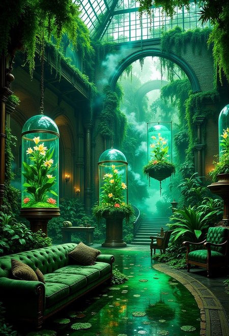 The Emerald Fog Sanctuary (Ethereal & Dreamlike)
A lush, overgrown botanical ballroom, enveloped in soft emerald mist filtering through the iron-and-glass ceiling, where vines dangle with dew-kissed crystals. The air is thick with humidity, and moss-covered copper gears peek through the dense vegetation. Green velvet lounges and brass-rimmed tables sit beneath floating terrariums filled with luminescent plants, casting a surreal glowing mist around the room. The scent of fresh moss, damp wood, and delicate lilies lingers, evoking a tranquil, dreamlike escape.