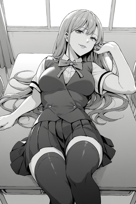 score_9, score_8_up, score_7_up, score_6_up, score_5_up, source_anime, rating_safe, indoors, 1girl, solo, medium breasts, looking at viewer, <lora:age_slider_v4:2>, houjou ayame, purple hair, long hair, purple eyes, lips, school uniform, short sleeves, blue vest, white shirt, collared shirt, green bowtie, untucked vest, blue skirt, pleated skirt, black thighhighs, zettai ryouiki, loafers, <lora:Ayame_Houjou:0.8>, lying on desk, classroom