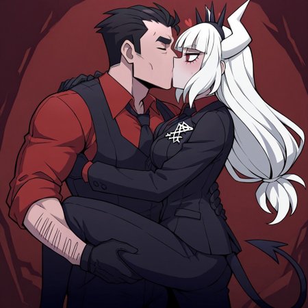 masterpiece, best quality, newest, absurdres, highres, anime, anime style, KSOOLIL-V1.0, leg up, kiss, kissing, standing on one leg, 1boy, helltaker (helltaker), black hair, short hair, muscular, muscular male, 1girl, lucifer (helltaker), black suit, red necktie, black collared shirt, black gloves, blunt bangs, demon horns, demon girl, demon tail, red eyes, white hair, long hair, smily, happy, deep kiss, french kiss, passionate kiss,