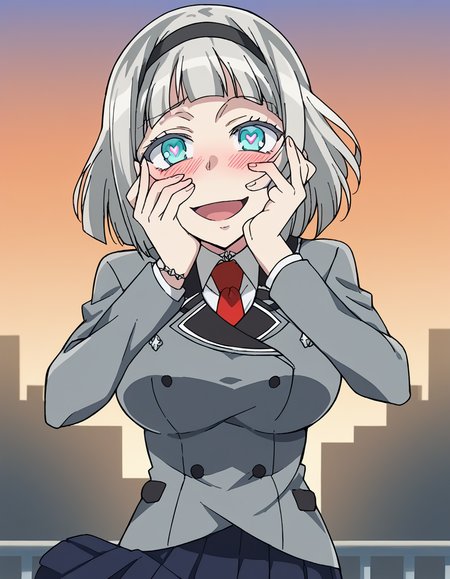 score_9, score_8_up, score_7_up, source_anime, <lora:anna-nishikinomiya-s1-ponyxl-lora-nochekaiser:1>, anna nishikinomiya, short hair, blue eyes, grey hair, hairband, aqua eyes, large breasts,, skirt, school uniform, pleated skirt, necktie, black skirt, red necktie, grey blazer, long sleeves,, suburban neighborhood, morning jog, earphones, running shoes, fresh air, sunrise, smile, <lora:yandere-trance-ponyxl-lora-nochekaiser:1>, yandere trance, yandere, hands on own cheeks, hands on own face, crazy eyes, crazy smile, crazy, heart-shaped pupils, glowing eyes, symbol-shaped pupils, hand on own face, open mouth, glowing, blush, looking at viewer,, looking at viewer, solo,, dutch angle, cowboy shot