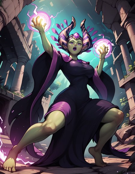 score_9, score_8_up, score_7_up, 1girl,solo,
large breasts,
shenantressdg,
wide sleeves, black dress,
looking at viewer, 
green skin, purple eyes, purple lips,
open mouth, magic, electricity, 
fighting stance, barefoot,
from below, 
ruins,castle, forest night,
 <lora:Enchantress SN PXL v01-000003:1>
