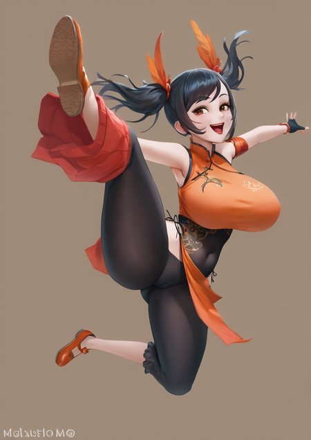 1girl, ling xiaoyu, huge breast, artstation username, black gloves, black hair, blush, bracelet, breasts, brown eyes, chinese clothes, covered navel, feather trim, fingerless gloves, full body, gloves, jewelry, jumping, leg up, looking at viewer, mary janes, midair, open mouth, orange footwear, outstretched arms, red lips, shoes, single glove, sleeveless, smile, solo, swept bangs, twintails, zPDXL3, anime<lora:Mddueck:1>
