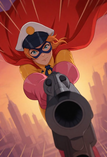 embedding:Illustrious\Positive\IllusP0s, embedding:Illustrious\Positive\IllustriousQual,1boy, arnold_ts!, blue eyes, orange hair, admiral admirable costume, hat, domino mask, pink gloves, red cape, gun, hold weapon, revolver, aiming at viewer, emphasis lines, dynamic angle, city background, best quality, high resolution, masterpiece.