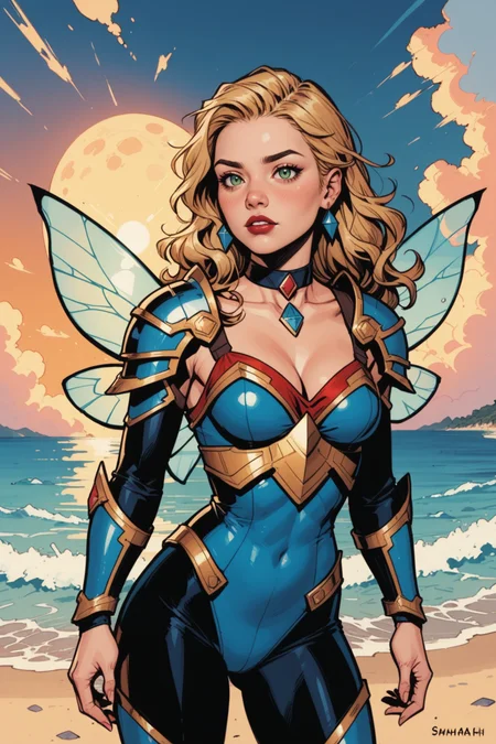 1girl, solo, breasts, wings, jewelry, earrings, cloud, sky, blonde hair, beach, sun, parted lips, outdoors, long hair, ocean, medium breasts, gem, armor, arms at sides, water, cleavage, day, cowboy shot, choker, shoulder armor, blue sky, detached sleeves, standing, wavy hair, collarbone, green eyes, long sleeves, lips, pants, cloudy sky, bodysuit, fairy wings, transparent wings, moon, artist name, dress, sunlight, waves, see-through, pauldrons, makeup, horizon, red lips, sand, blush, teeth, yellow eyes, looking afar, looking at viewer, realistic, watermark, fingernails, looking to the side,, <lora:Expressive_H:0.5>, score_9, score_8_up, score_8_up, a_Comic_Illustration, rough lines with ink, (drawn:1.1), (sketch:1.5), (crosshatching:1.25), (comic style:1.1), graphic novel style, sharp lines, hires, zstyle, (western comics \(style\):1.1), (hatching \(texture\):1.2), zPDXL, Mr_Monster_Possitive