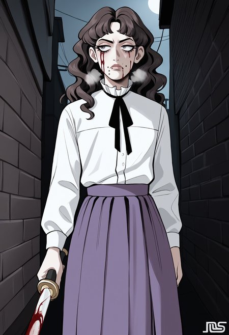 score_9, score_8_up, score_7_up, score_6_up, score_5_up, score_4_up,
BREAK
1boy, otoko no ko, femboy, trap, marina funger, dark brown hair, wavy hair, curly hair, dark grey eyes, long eyelashes, mole under mouth, mouth piercing, black neck ribbon, serious, heavy breathing, exhausted, sweat, blood on face,
BREAK
solo, white shirt, purple skirt, long skirt, holding sword,
BREAK
alley, overcast, night, behind cover, looking away, black background, dynamic pose, dark, <lora:Lunas-Marina-Funger-SDXL-A2-000004:1> <lora:Lunas-Namespace-LewdCactus64-SDXL-A1:1>