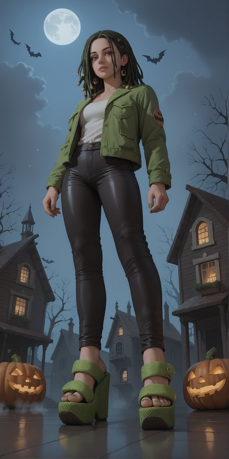 score_9, score_8_up, score_7_up, score_6_up, realistic,
wide angle, standing, low angle, foot focus, from side,
standing,
1girl, leather pants, green short jacket, black and green hair, dreadlocks, 
ï»¿(ï»¿m3sh heels), platform footwear,
halloween scene, fog, haunted house, night,
green toenail polish,
embedding:zPDXLrl ,
embedding:zPDXL2 ,