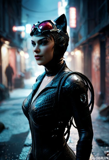 score_9, score_8_up, score_7_up, zy_catwoman, 1girl, goggles, goggles on head, solo focus, realistic, makeup, bodysuit, portrait, city alley, neon on background, at night, dark, low light, depth of field, highly detailed, high contrast, film grain, Rim Lighting , <lora:zy_Catwoman_PonyRealism_v1:0.7>