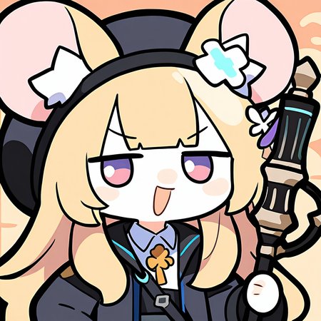 <lora:luodedaonoob-000006:1>,:d,animal ear fluff,bangs,beret,black jacket,blonde hair,chibi,coat,collared shirt,d-pad hair ornament,flower,horns through headwear,jacket,long hair,long sleeves,looking at viewer,mouse ears,open clothes,smug,staff,white skin,, masterpiece, best quality, very aesthetic, absurdres,newest, incredibly absurdres,