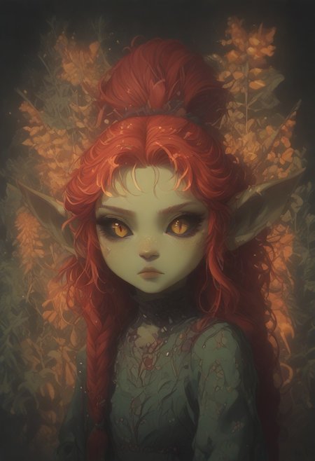 (Score_9:1.1), score_8_up, score_7_up,
(glimmer,glitter,limited lighting, high contrast, highres, closed_mouth:1.4, absurdres),(leaning forward:0.4)
Fl0ralD0lls ,Goblin
solo, short stature, shortstack, pointed ears, big eyes,goblin ears, goblin woman, green skin, big eyes, glimmering eyes, (black sclera, slit pupils, yellow iris, glowing iris), (ferns:1.3), realistic, focus on face, hime cut, red hair,((hair in very long single braids)), big lips, full lips, glossy lips, matte skin, matte colours