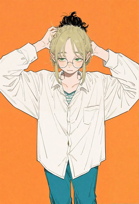 hachinuki tetsuyo, (go e 0000:1.2), (xilmo:1.1), painting \(medium\), brush stroke, orange background,
1boy, androgynous, medium hair, parted bangs, round eyewear, green eyes, long eyelashes, dirty blonde hair, black roots \(hair\), sidelocks, updo, blush,
oversized clothes, striped clothes, collared shirt, partially unbuttoned, white shirt, collarbone, wide pants,
messy hair, arms up, hand in own hair, standing, looking afar, half-closed eyes, 
masterpiece, high quality, highres, absurdres, very awa, very aesthetic, (perspective:1.1), 
<lora:owk_bsh_yy:0.5>,
 <lora:sample:1>,
 <lora:veluflora-wai:0.4>