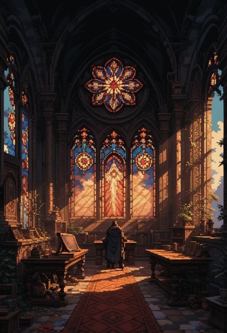 score_9, score_8_up, score_7_up, pixel art, 
stained glass, panorama window, art deco, sanctuary,
god rays,
 with bursts of bright colors,
in the style of a vintage, high-contrast setting, dark and mysterious atmosphere, Resplendent spotlighting, Emphasize theatrical elements,
hyper-detailed, scifi, dramatic light,
yamer_pixel_fusion, 
d3p1x3l, pixel art,