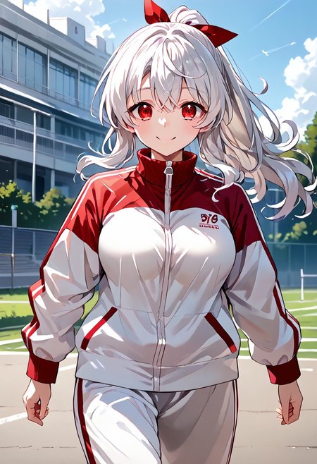 score_9, score_8_up, score_7_up, source_anime, rating safe, outdoor, back shot, 1girl, 18yo, tracksuits, running, one arm up, white hair, long hair, wavy hair, ponytail, red eyes, upturned eyes,  expressive eyes, curvy, shy smile, large breasts, perfect hand, detailed, day, 8k, masterpiece, by koumashiro,