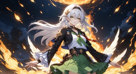 (masterpiece, top quality, best quality, official art, beautiful and aesthetic:1.2)
white_shirt,shirt,thighhighs,green_thighhighs,sparkle,looking_at_viewer,highres,covering_own_mouth,jacket,aqua_eyes,hypermin,green_skirt,honkai:_star_rail,hairband,black_jacket,frills,long_sleeves,firefly_\(honkai:_star_rail\),sam_\(honkai:_star_rail\),long_hair,two-tone_eyes,frilled_sleeves,yellow_eyes,henshin_pose,honkai_\(series\),black_hairband,cowboy_shot,1girl,neckerchief,holding,orange_neckerchief,skirt,fire,white_hair
highres, ultra high res, 4k, 8k, intricate detail, cinematic lighting, amazing quality, wallpaper <lora:aesthetic_anime_v1s:1.2>  <lora:fiasco_A1:1>