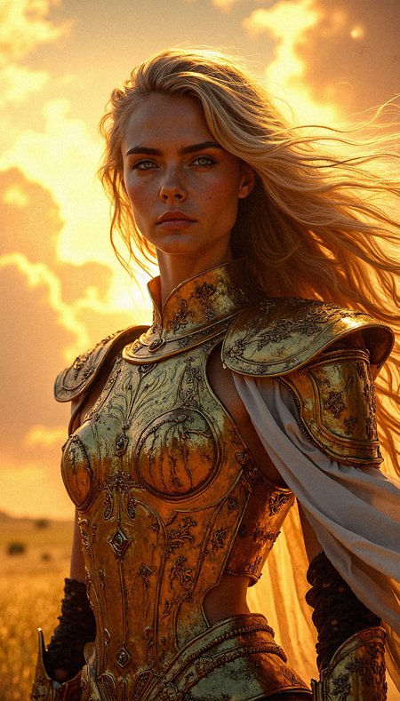 a close-up of a beautiful blue eyed blonde warrior clad in golden armor,   a sky ablaze with golden light and dramatic clouds on a vast grasslands Her armor is detailed with intricate engravings of leaves and mythical symbols, each piece catching the light as if infused with magic. Her face is calm, framed by flowing hair that mirrors the fiery hues of the sky. The clouds above are vast and dense, their edges glowing as sunlight breaks through, casting an ethereal glow over her features. The blend of her golden armor with the radiant sky creates a vision of a celestial being, standing at the edge of a divine realm. Every detail is brought to life in photorealistic clarity, from the textures of her armor to the soft warmth of the light against her skin.Leaning forward, both arms extended in front, 