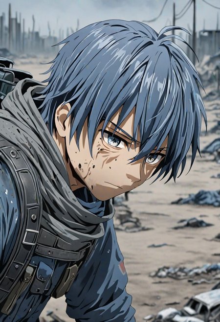 high resolution, solo, best quality, 1Boy, Tomoya Okazaki, Grey Blue Hair, shallow depth of field, Post-Apocalyptic, survival, OverallDetail
