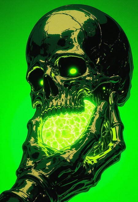 A hyper-detailed digital illustration of a skull, rendered with surreal and futuristic aesthetics, gripping a vibrant lime green ball between its bared teeth. The skull, crafted in polished chrome-like textures, gleams in gradients of reflective silver and metallic gray, its surface intricately detailed with cracks and scratches that shimmer under dynamic lighting. The lime green ball glows brightly, casting a radiant aura that contrasts sharply against the lime green background, which envelops the entire composition, creating a unified, electrifying color scheme. The glowing lime green eyes of the skull further intensify the surreal atmosphere, adding an eerie, otherworldly touch. High-gloss highlights and deep shadows create a three-dimensional, tactile realism, while the interplay of metallic reflections and the vivid green glow imbues the scene with a haunting, futuristic quality. The fusion of polished, futuristic elements with dramatic lighting ensures the image is both striking and enigmatic.