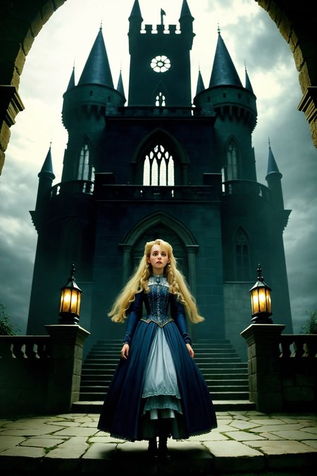 innocent princess blonde hair royalty standing in dark creepy castle interior stone walls gothic arches
(analog film:1.3) (movie) (photorealistic) (bluray movie still) (cinematic lighting) (sharp focus)
(80sDarkFantasySD15b:1.2)