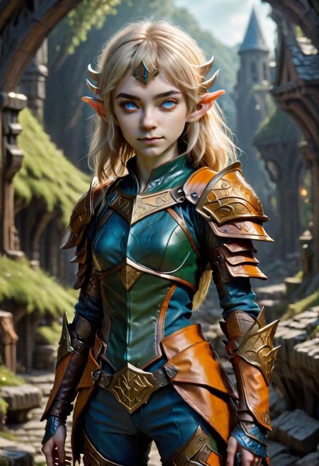 photo of pale (Age 19) female (halfling:1.75), flat chested, rectangle body shape, shaggy blonde, middle part, blue eyes, (F41Arm0rXL orange/green druidic leather armor and pants), homely, tiny, petite, thin, toned, lithe, full body, outdoors, HDR