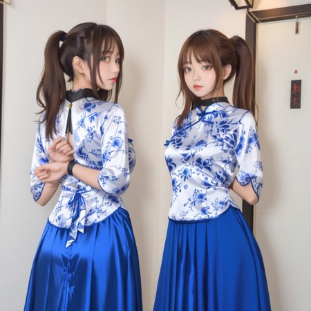 upper body,2 girls,side by side, one girl Body facing front,((the other girl Body facing back)), blush,black collar,arms behind back,wrist hung up the collar behind by Black nylon tape,white Chinese style blouse, breasts apart,large breasts, small waist,great hips,blue silk maxi skirt,The fabric of the dress is smooth and flat,