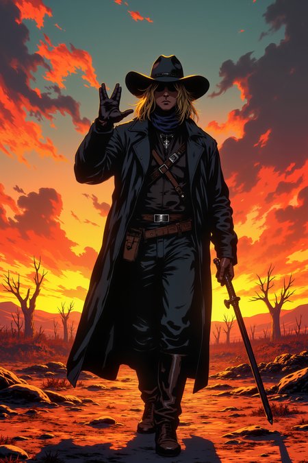 A lone wanderer in long black leather jacket and big black hat is walking in the postapocalyptic wasteland. He is giving a v-shaped vulcan salute hand gesture with fingers parted between the middle and ring finger and with extended thumb.Fantastic lighting. Detailed shadows.intricate details, vivid colors, hyper-detailed, ultra-sharp<lora:VULCANSALUTE_FLUX:1.3><lora:RetroAnimeFluxV1:0.5><lora:NeonFantasyFLUX:0.3>