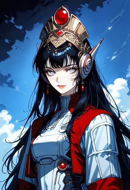 (score_9, score_8_up, score_7_up), source_anime, anime, 1woman, female, panagiataosmtv, long hair, black hair, blunt bangs, blue eyes, helmet, white bodysuit, white gloves, red sleeves, red skirt, ((sexy)), ((seductive)), smile, pink lips, ((royal)), solo,  award winning photography, (ultra-detailed body), (Sharp focus), detailed face, detailed eyes, folk dress, seductive, innocent, kanekostyle, lipstick, eye shadow, eyelashes,  yellow field, dark deep blue sky, evening. upper body shot, closeup, portrait, sky, clouds, blacklight, dappled light,dappled sunlight, rich furs, fur coat, dark background