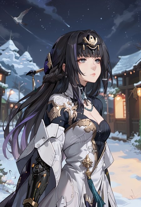 score_9, score_7_up, source_anime, BREAK <lora:Qu-Shukra:0.8> Shukra, gray eyes, multicolored hair, black hair, lavender hair, mole under mouth, headgear, dress, mechanical arm,
night sky, snow,<lora:AEFeguimel:1>