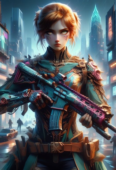 score_9, score_8_up, score_7up, (Masterpiece:1.4), (best quality:1.2), (vivid colors), cyberpunk, nipple, grey and yellow, background, <lora:Neon_Splash_Art_for_Pony:1>, (Masterpiece:1.4), (best quality:1.2), (vivid colors), mad-cbrpnksplshrt, best lighting, vivid color, easynegative, full body picture, full length portrait, AnnaXLP, Amber hair, green clothing, corset, hair bun, necklace, cybrk, cyberpunk, cyberpunk body armor, assault rifle, hold an assault rifle, ho1ding-weap0n, holding rifle, shoulder pads, cargo pants, high heel boots, digital art, selective brightness, easynegative, snowstorm, neon lights, snowy city streets, standing in the middle of a street, blood splatter clothes, holding assault rifle, view down a dirty street, trash, Post apocalyptic, Android, Futuristic image, Cyberpunk city